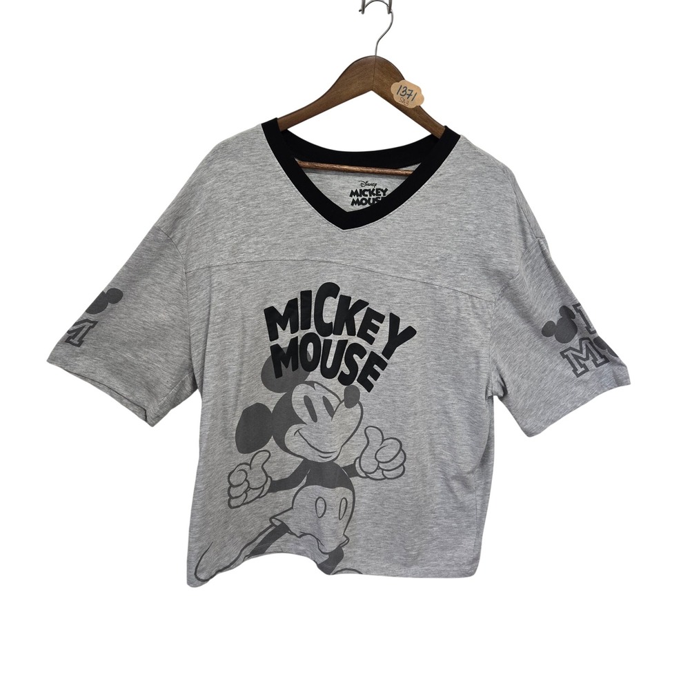Disney Mickey Mouse V-Neck Jersey T-Shirt Heather Gray XL 16-18 Graphic Tee